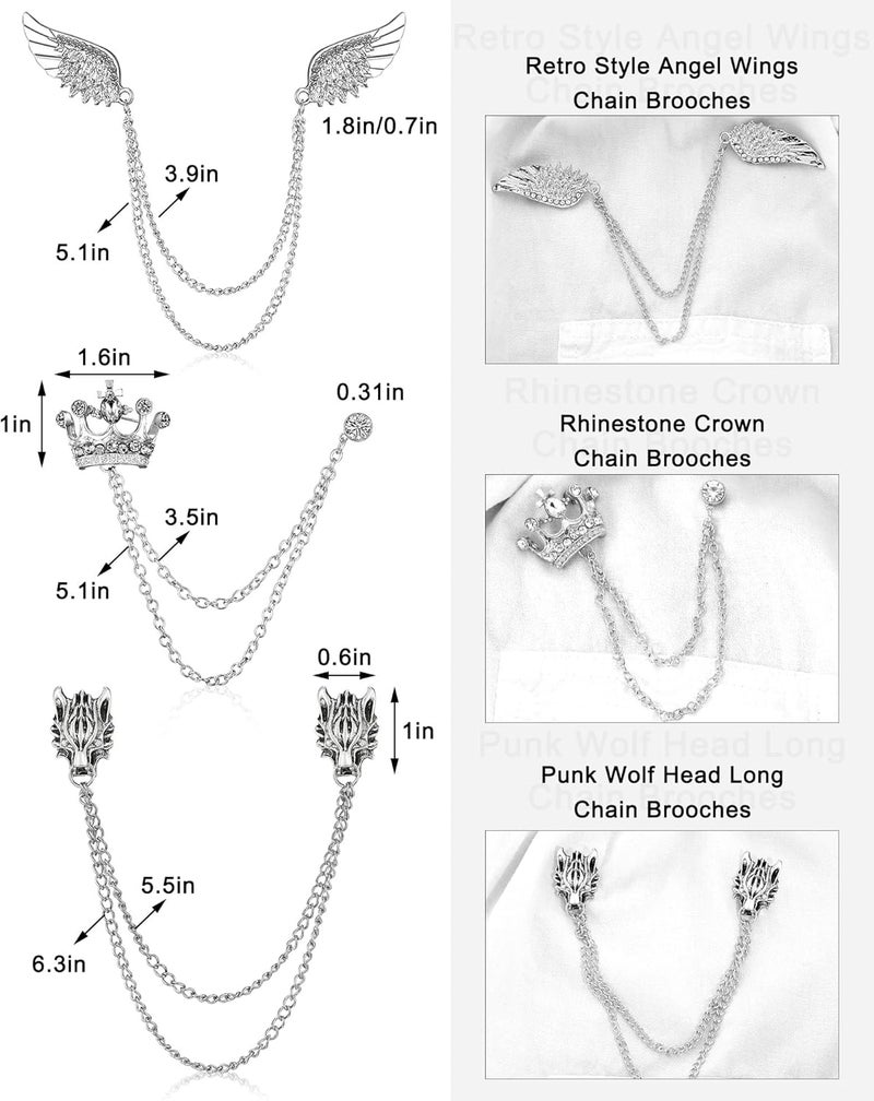 Trnayi 6 Pieces Tassel Chain Brooch Collar Pins Wedding Brooches Collar Pins Wings Wolf Head Crown Lapel Suit Shirt Tuxedo Accessories for Wedding Anniversary Halloween Birthday Party Office - Image 2